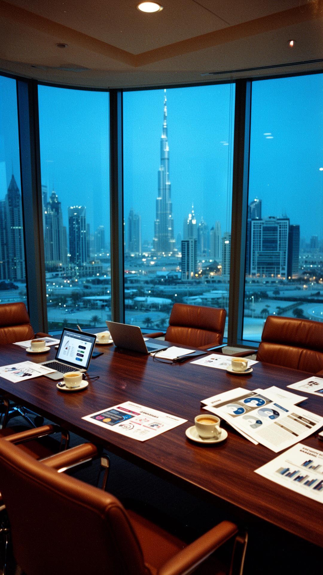 DIFC Dubai boardroom interior at dusk overlooking the city skyline — a transformation programme steering meeting in progress